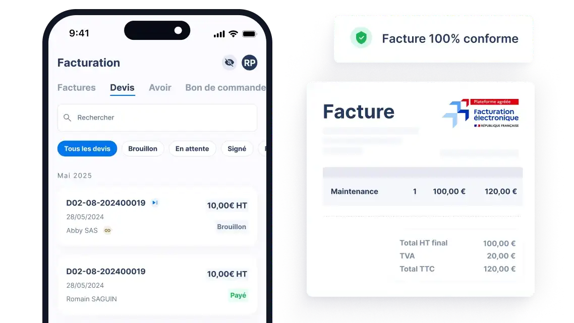 Capture d'écran de Abby — Mobile app document list next to a compliant e-invoice
