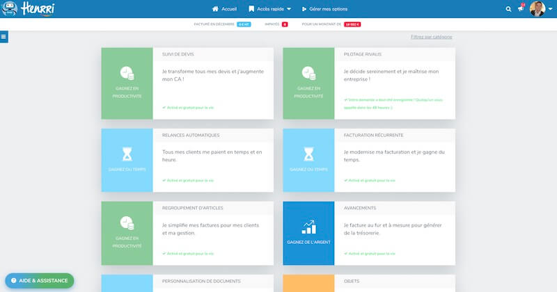 Capture d'écran de Henrri — Feature modules overview inside the Henrri application