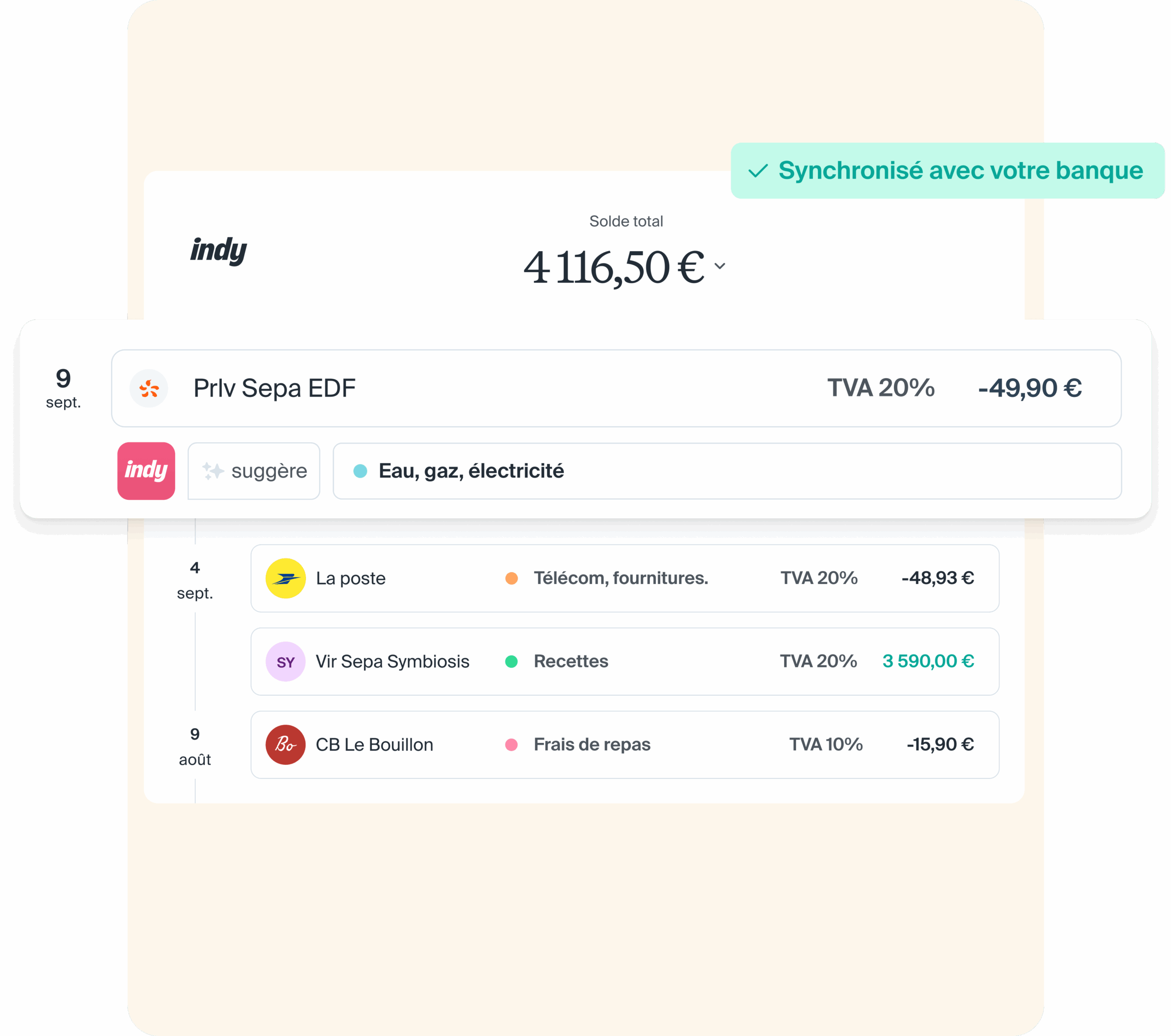 Capture d'écran de Indy — Banking view with synced transactions and automatic VAT categorisation