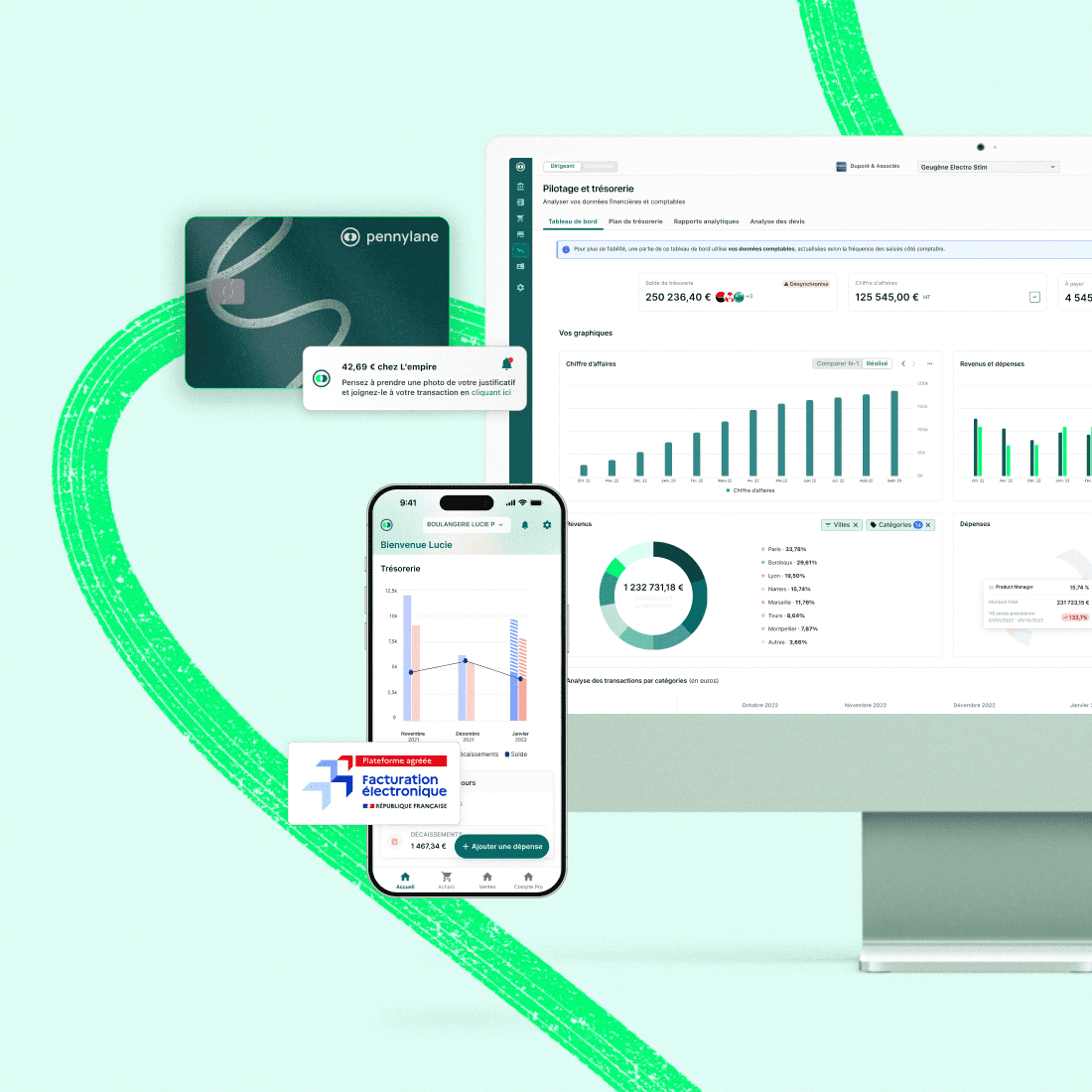 Capture d'écran de Pennylane — Dashboard with cash flow and revenue charts (desktop and mobile app)