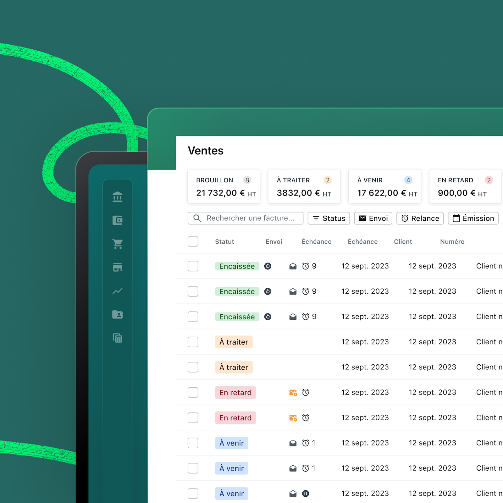 Capture d'écran de Pennylane — Sales invoice overview with payment statuses