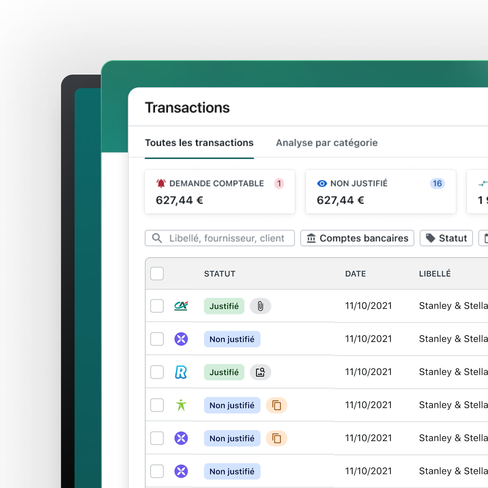 Capture d'écran de Pennylane — Banking view with imported transactions and reconciliation statuses