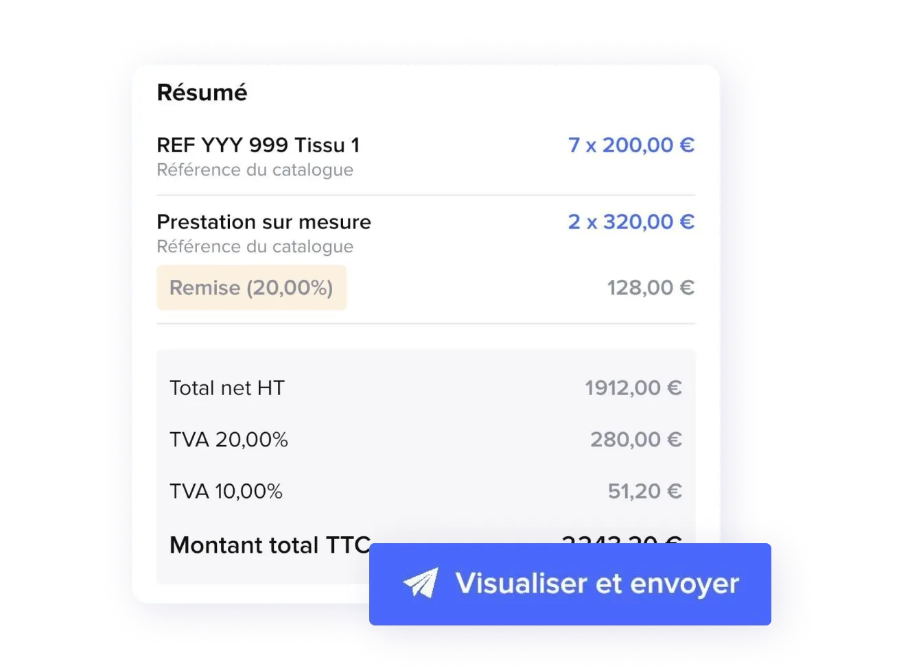 Capture d'écran de Sellsy — Document summary with VAT breakdown before sending