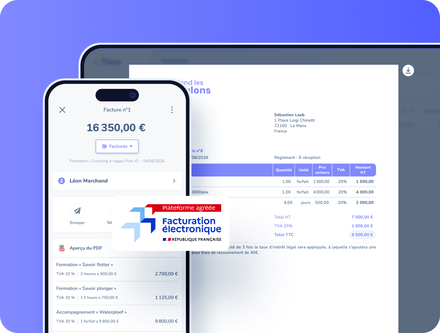 Capture d'écran de Tiime — Invoice view on desktop and mobile app