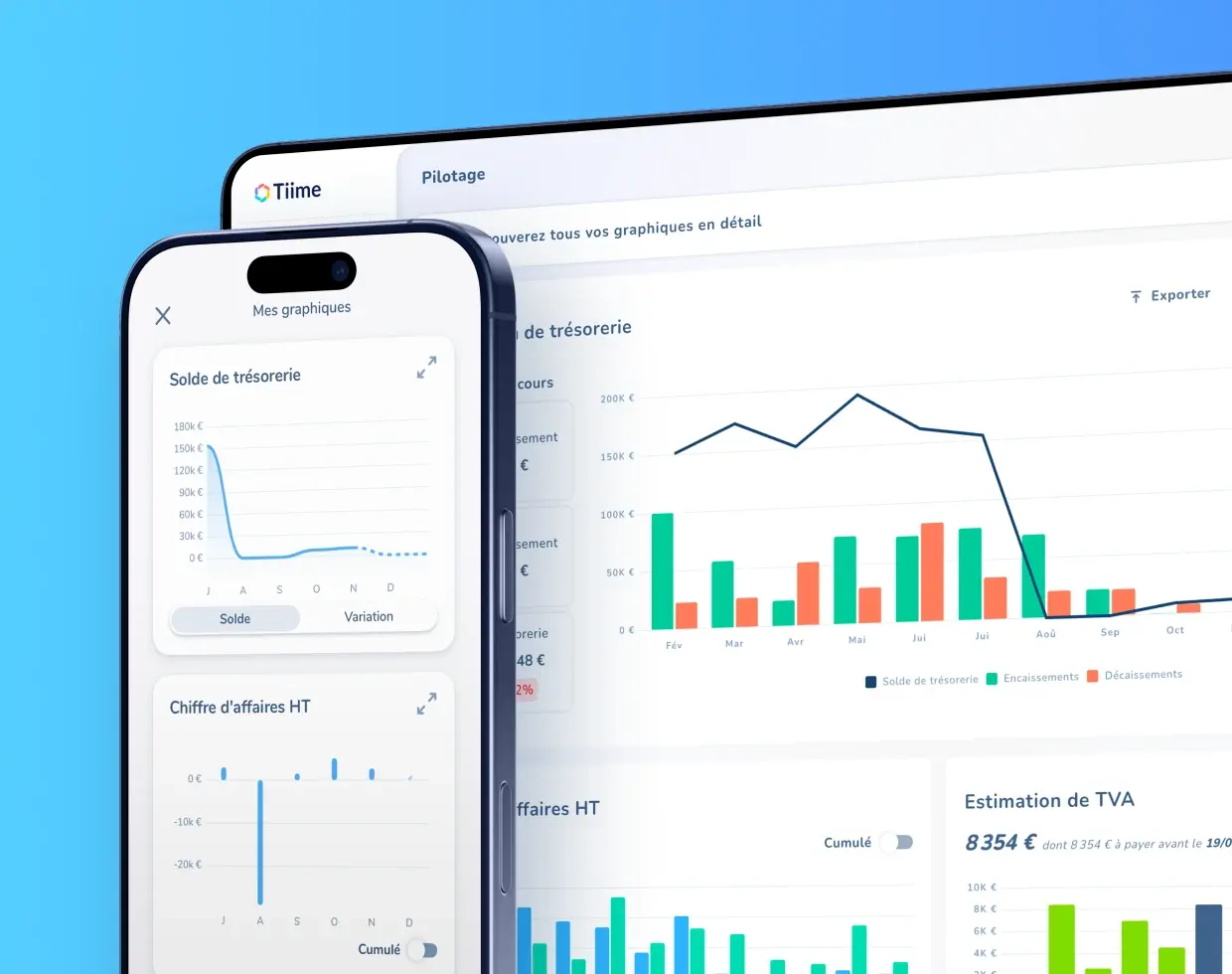 Capture d'écran de Tiime — Cash flow dashboard with revenue and VAT estimation charts