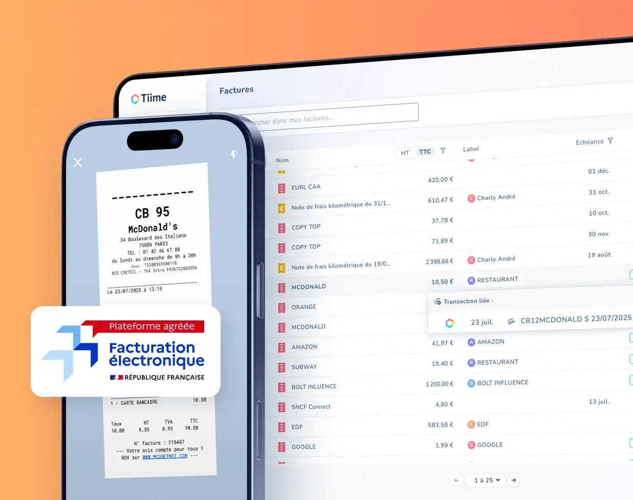 Capture d'écran de Tiime — Expense list with mobile receipt capture